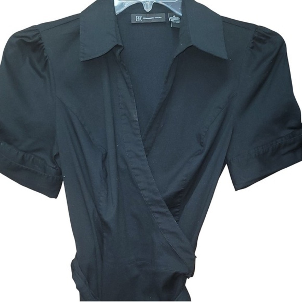 INC Black Wrap Short Sleeve Tie Waist‎ Shirt Top 10 Minimalist Office Workwear - Picture 9 of 11